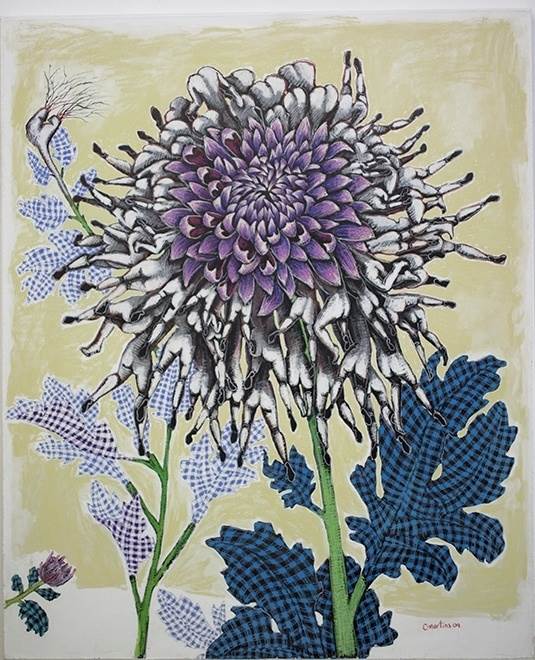 Purple Chrysanthemum, original Grande Técnica Mixta Pintura de Clara Martins