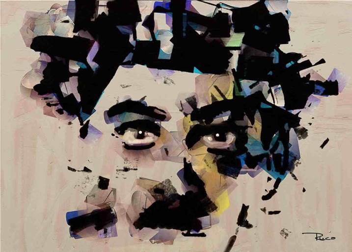 Charlie Chaplin, original Abstract Mixed Technique Painting by Rui Mendes (Ruca)