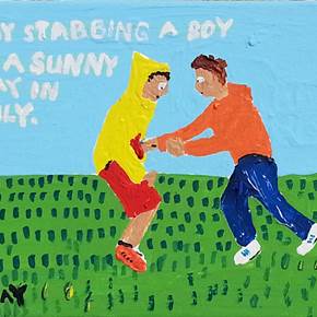 Bad Painting number 05: Boy stabbing a boy on a sunny day in July, original Figura humana Acrílico Pintura de Jay Rechsteiner