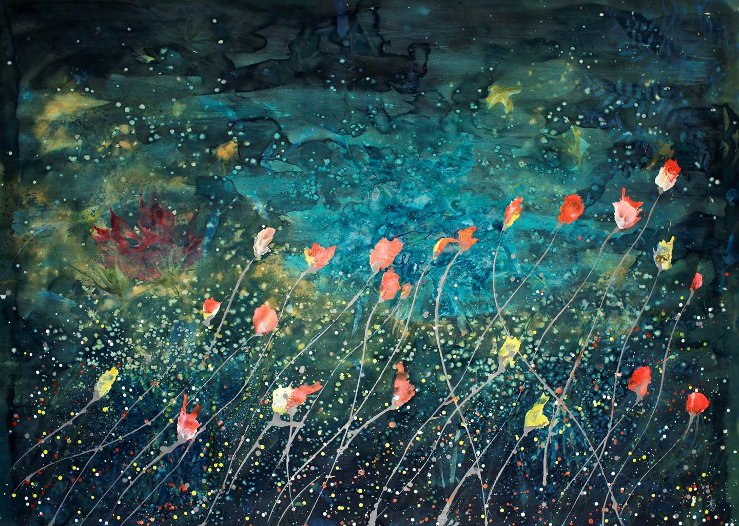 Flowers in the Sky, original Animals Mixed Technique Painting by Nogueira de Barros