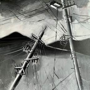 Utility poles and mountains, original Minimaliste Acrylique La peinture par Qiao Xi