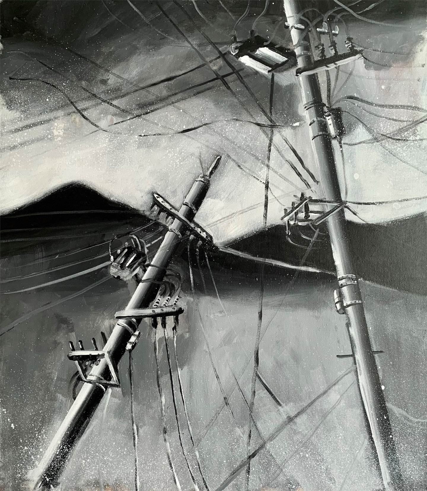 Utility poles and mountains, original Minimalist Acrylic Painting by Qiao Xi