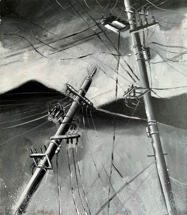 Utility poles and mountains, original Minimalista Acrílico Pintura de Qiao Xi