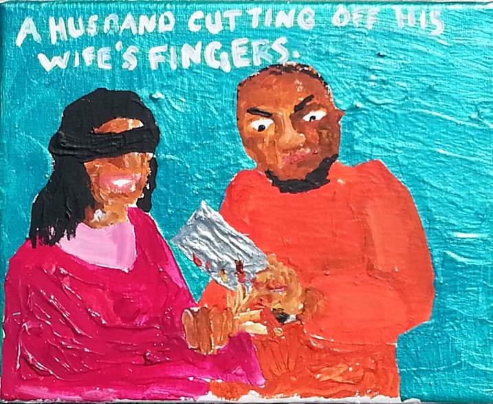 A husband cutting off his wife's fingers, original Avant-Garde Acrylic Painting by Jay Rechsteiner