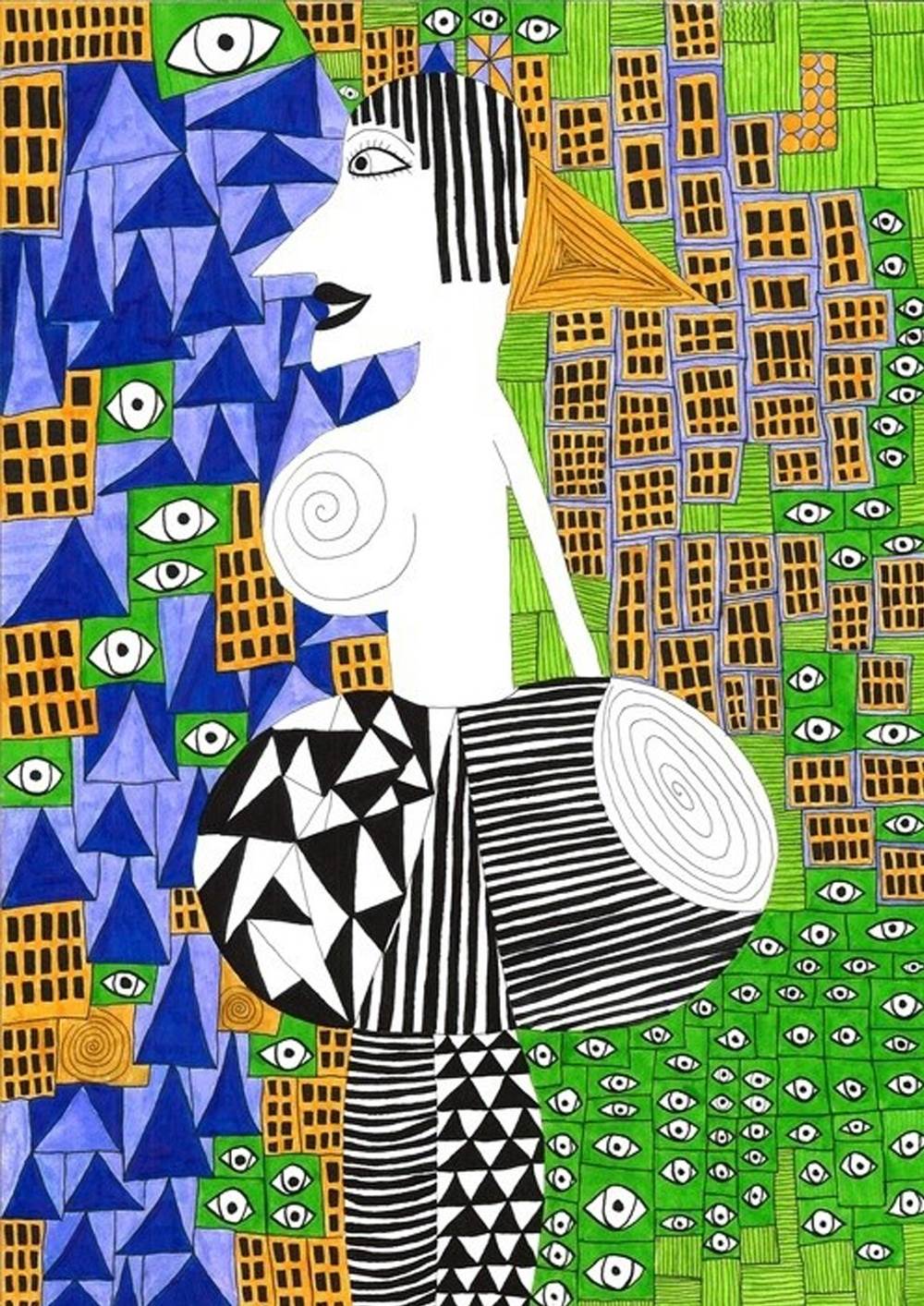 City Woman, original Abstract Aquatint Drawing and Illustration by Inês Peres