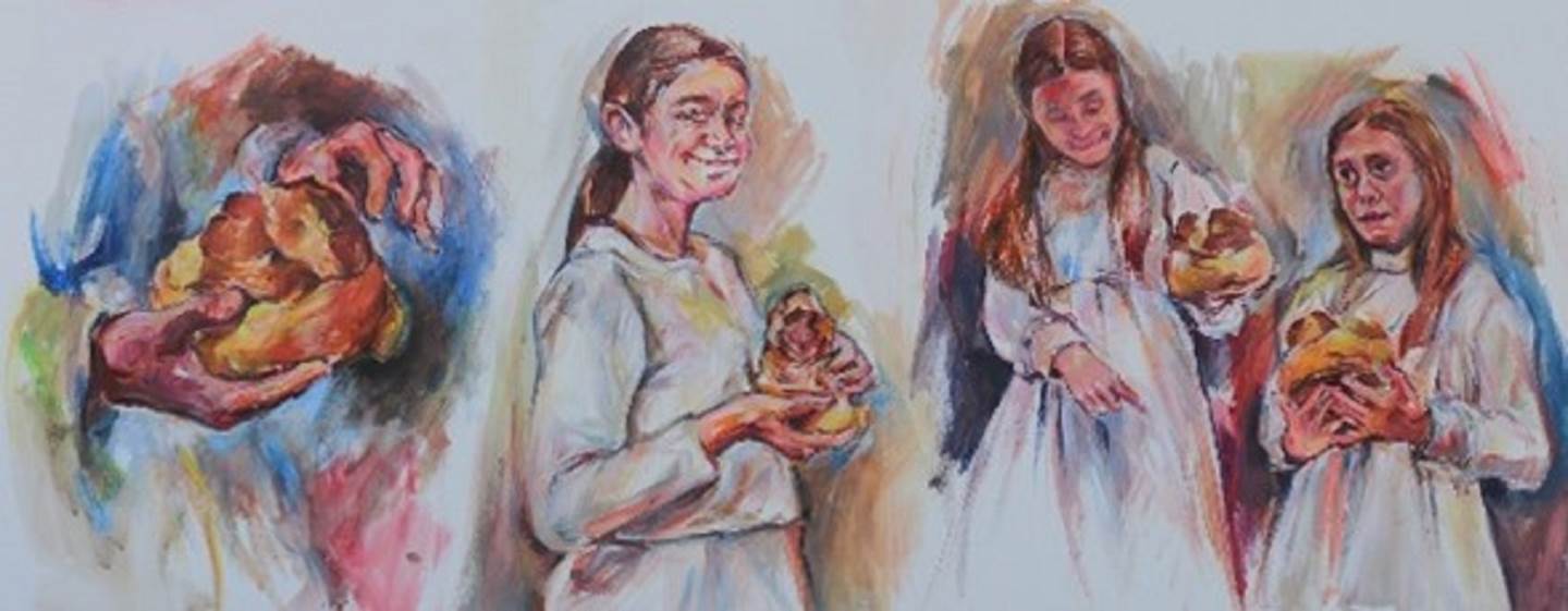 No cortejo e procissão as atenções recaem sobre as fogaceiras, Pintura Acrílico Mulher original por Elizabeth  Leite
