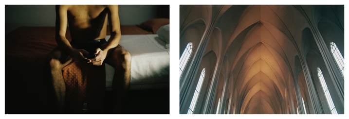 Adolfo ao telemóvel, Outubro 2017; Tecto de uma igreja, Maio 2017 , original Corps Analogique La photographie par Miguel De