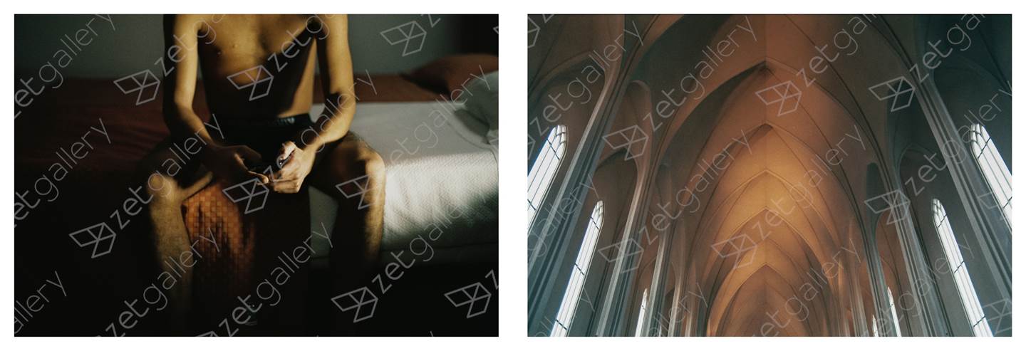 Adolfo ao telemóvel, Outubro 2017; Tecto de uma igreja, Maio 2017 , Fotografia Analógica Corpo original por Miguel De