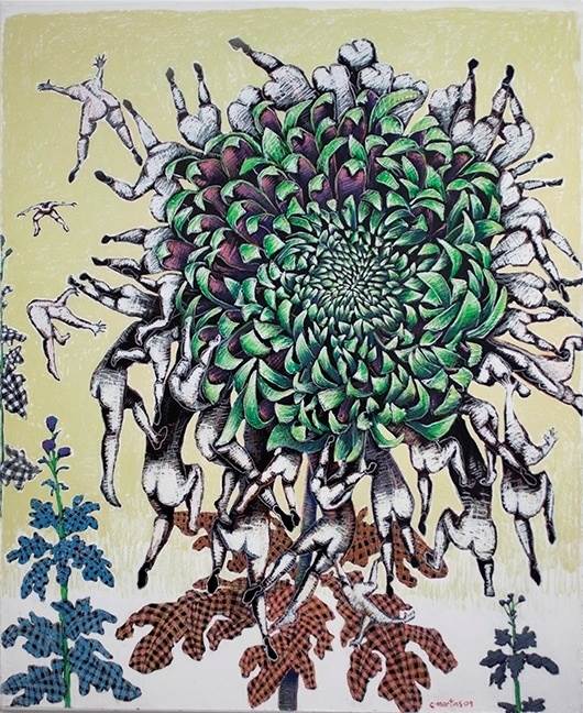 Green Chrysanthemum, Pintura Técnica Mista Grande formato original por Clara Martins