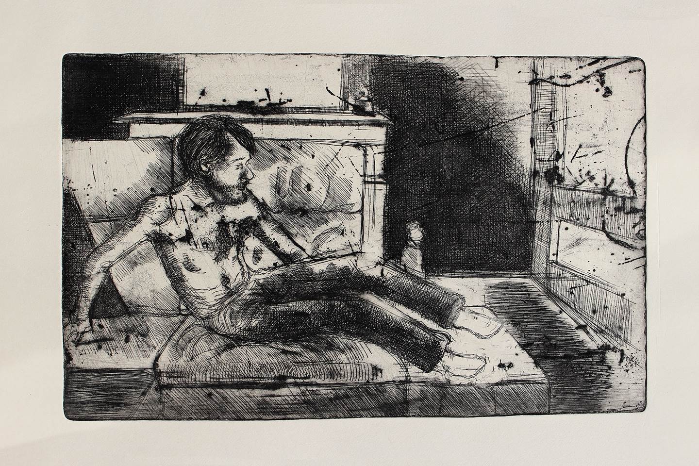Ele acorda, sobressaltado, original Human Figure Etching Drawing and Illustration by Flor de Ceres Rabaçal