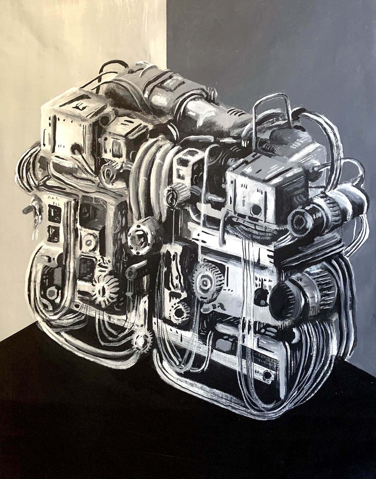 Mechanical contraption, original Minimalist Acrylic Painting by Qiao Xi