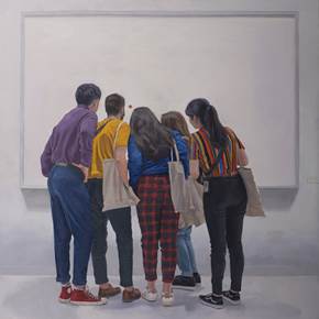 Punto rojo sobre fondo blanco, original Landscape Oil Painting by Juan Manuel Álvarez Cebrián