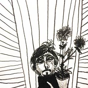 1. Duas flores numa jarra e eu numa sala, original Human Figure Pen Drawing and Illustration by Hugo Castilho