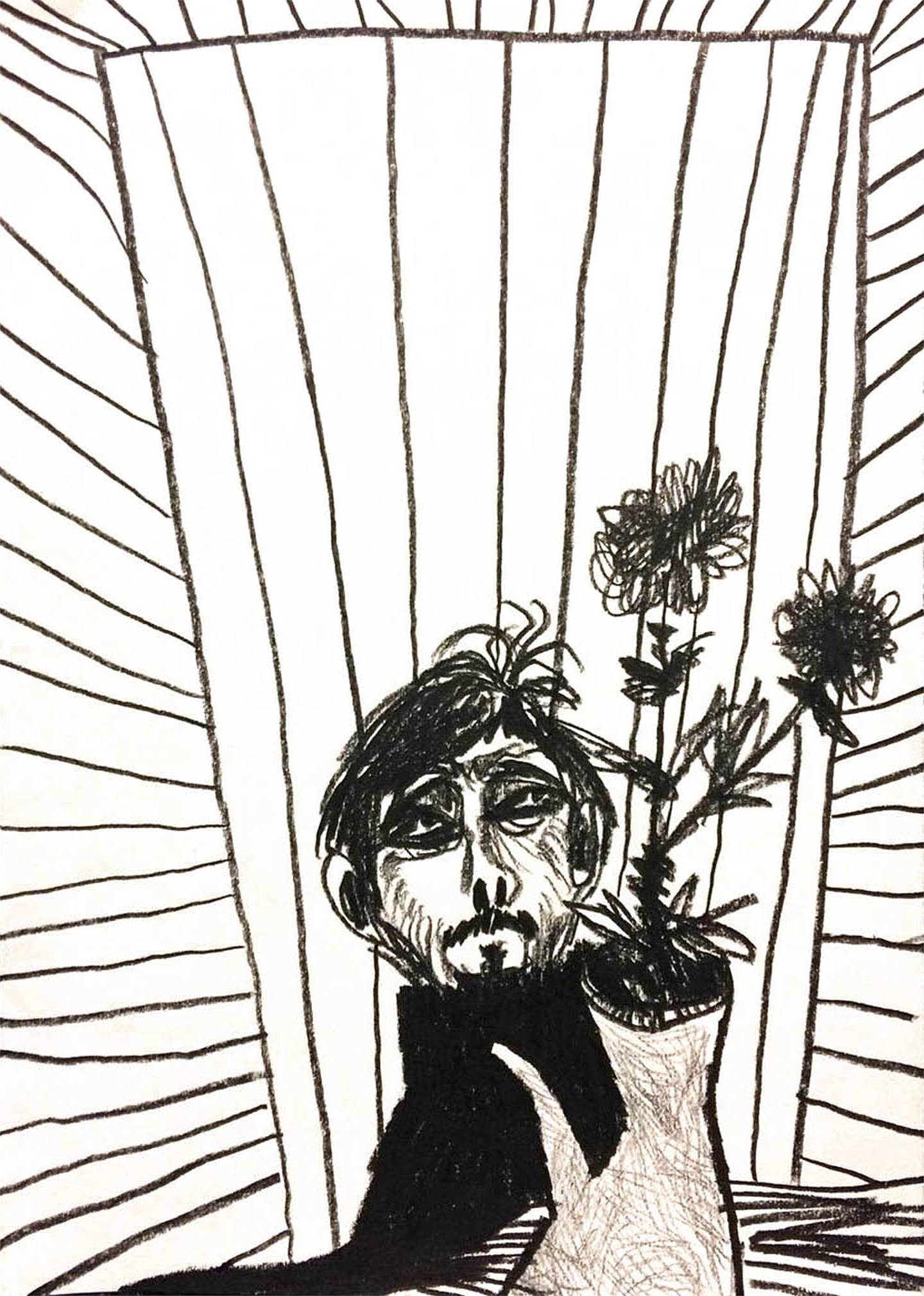 1. Duas flores numa jarra e eu numa sala, Desenho e Ilustração Caneta Figura Humana original por Hugo Castilho