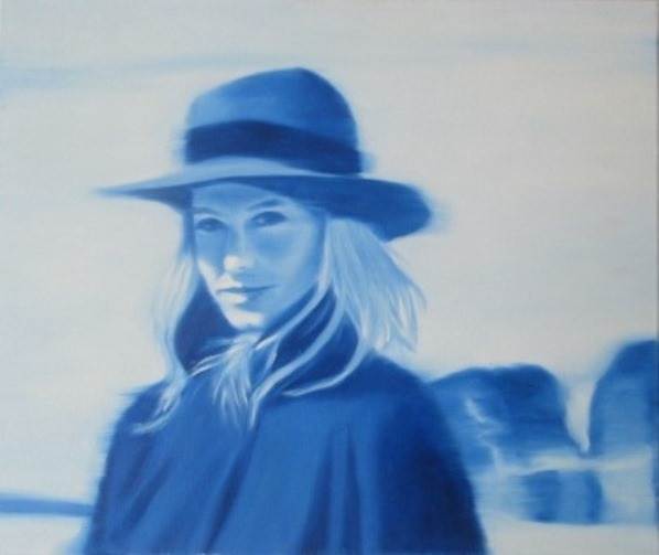 Jeune fille au chapeau en bleu, original Human Figure Oil Painting by Ricardo Gonçalves